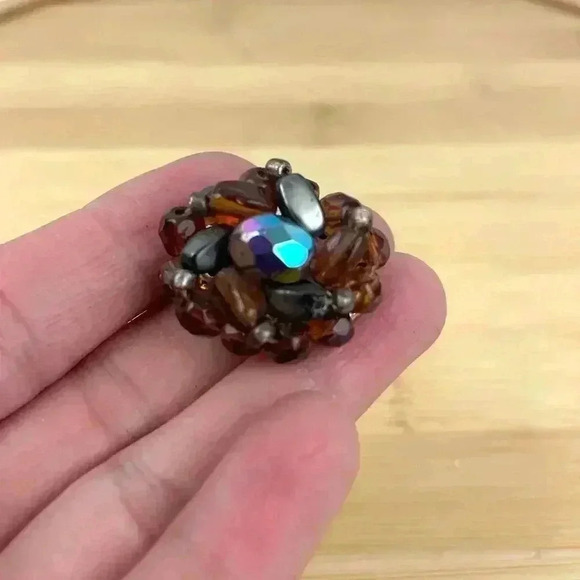 VTG Glass Bead Cluster Clip On Earrings Brass West Germany Iridescent - Picture 5 of 13